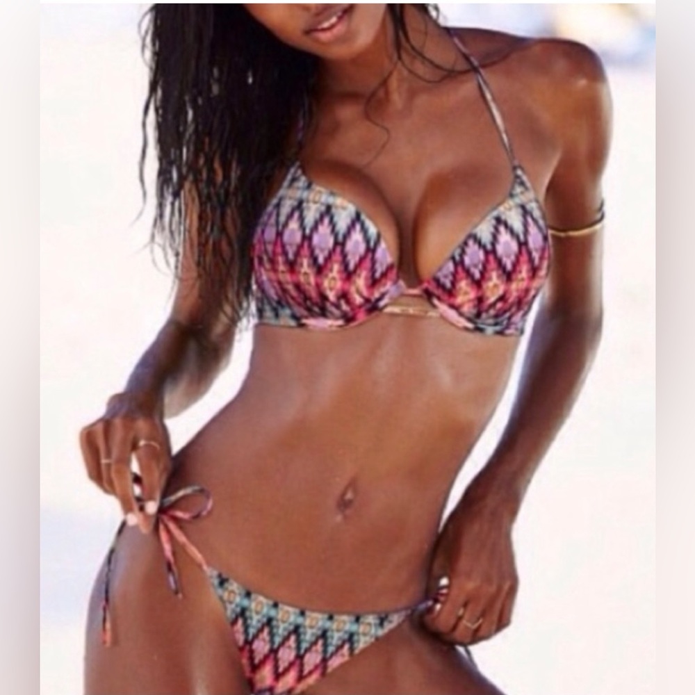 Victoria Secret Bikini Top 32C Bombshell Push Up Colorful Geo Bottom sma…